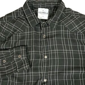 Youngla Shirt Men's L Western Pearl Snap Long Sleeve Black Plaid Viscose